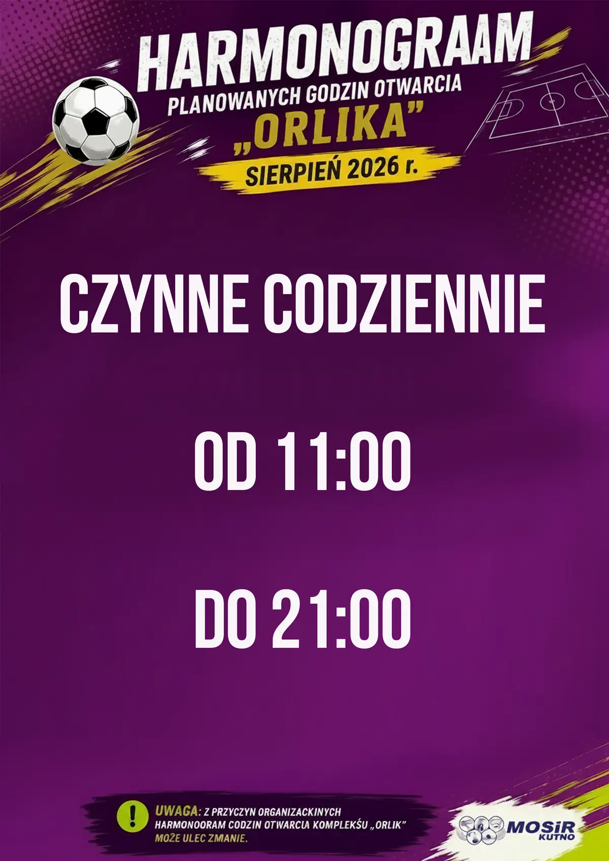Harmonogram otwarcia orlika w sierpniu 2026 roku
