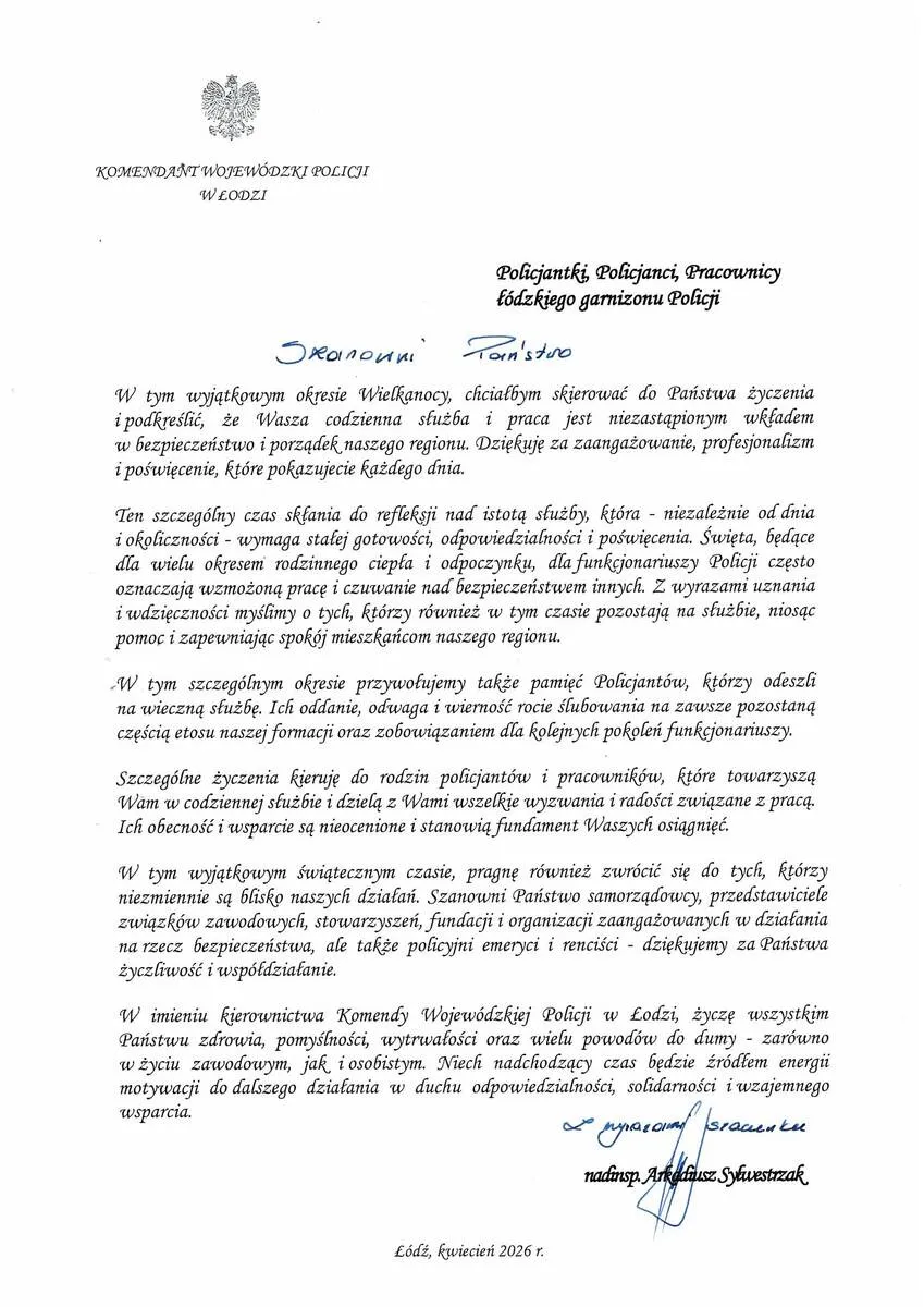 Wielkanocne życzenia od Komendanta Wojewódzkiego Policji w Łodzi