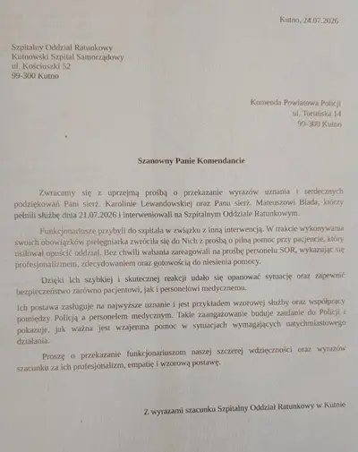 Podziękowania dla policjantów za profesjonalizm podczas interwencji